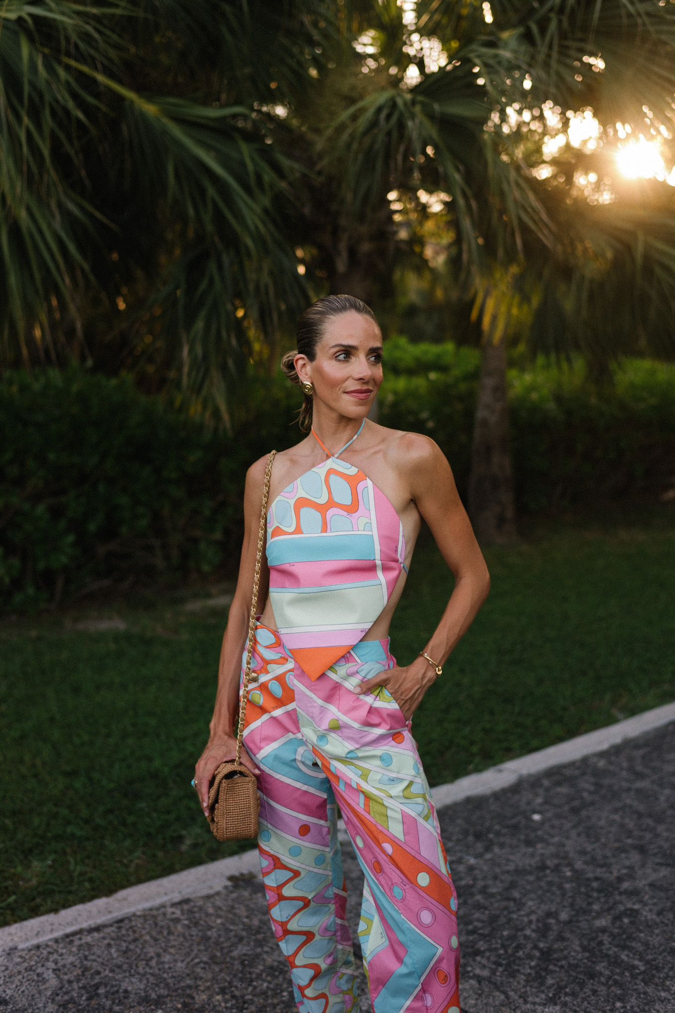 bright patterned halter top and pants set