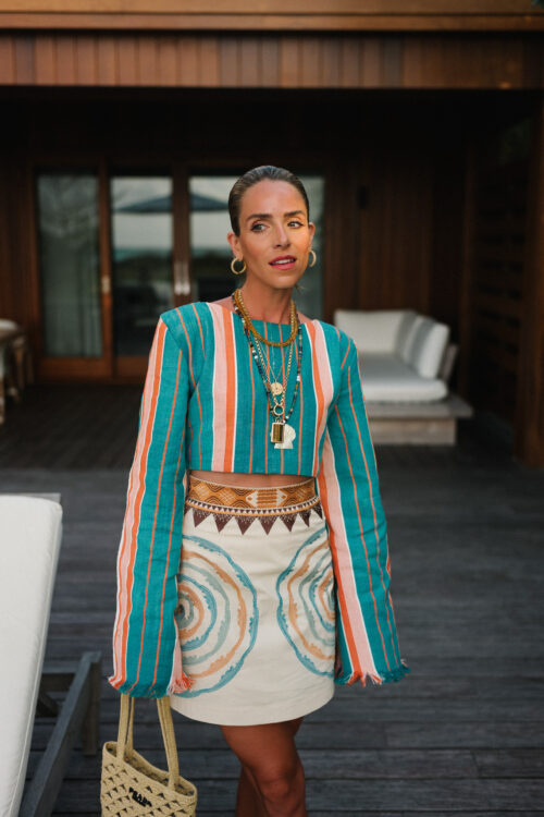 turquoise striped crop top tan turquoise orange linen mini skirt