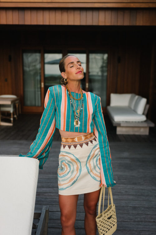 turquoise striped crop top tan turquoise orange linen mini skirt