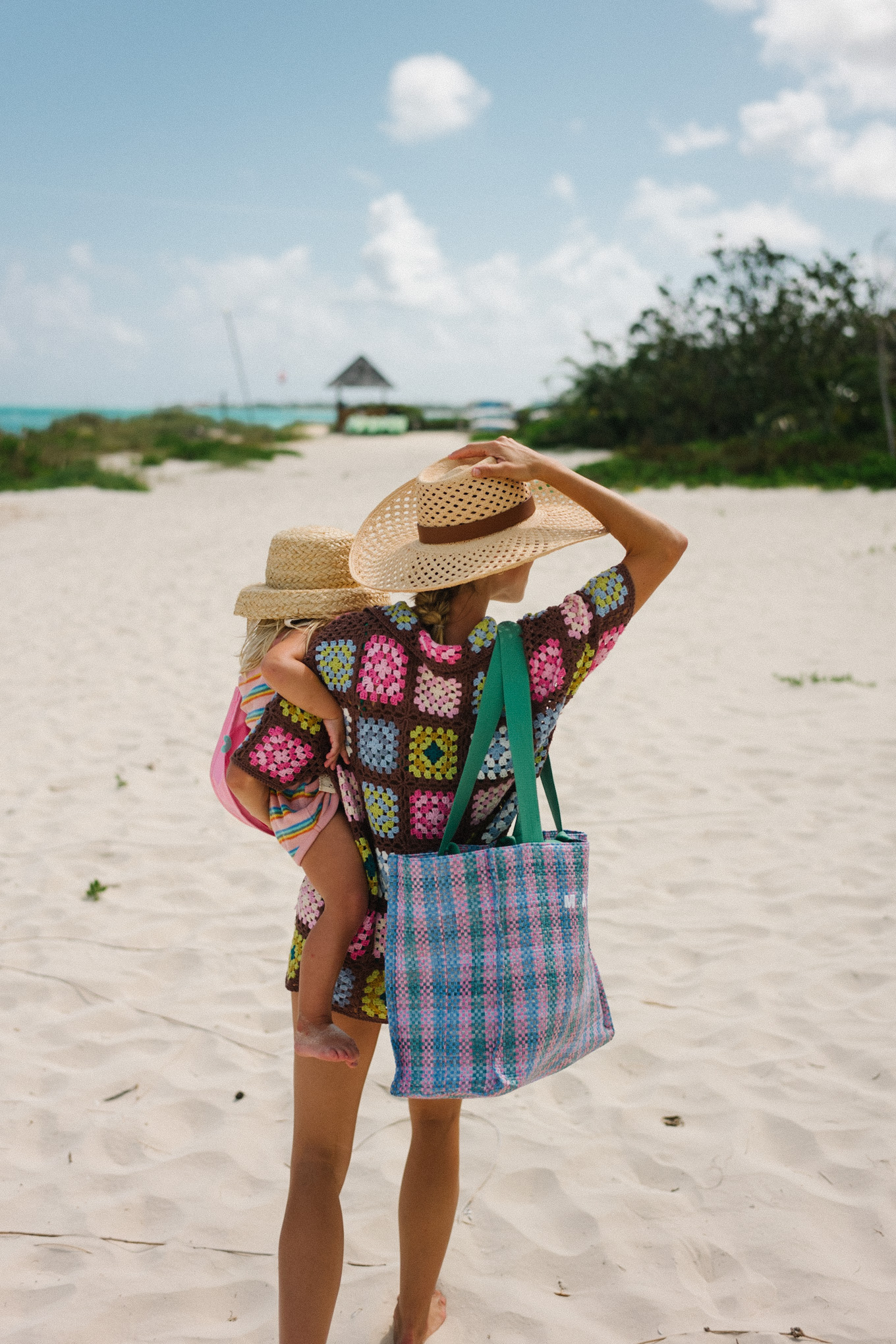 Crochet cover-up pink shorts straw hat
