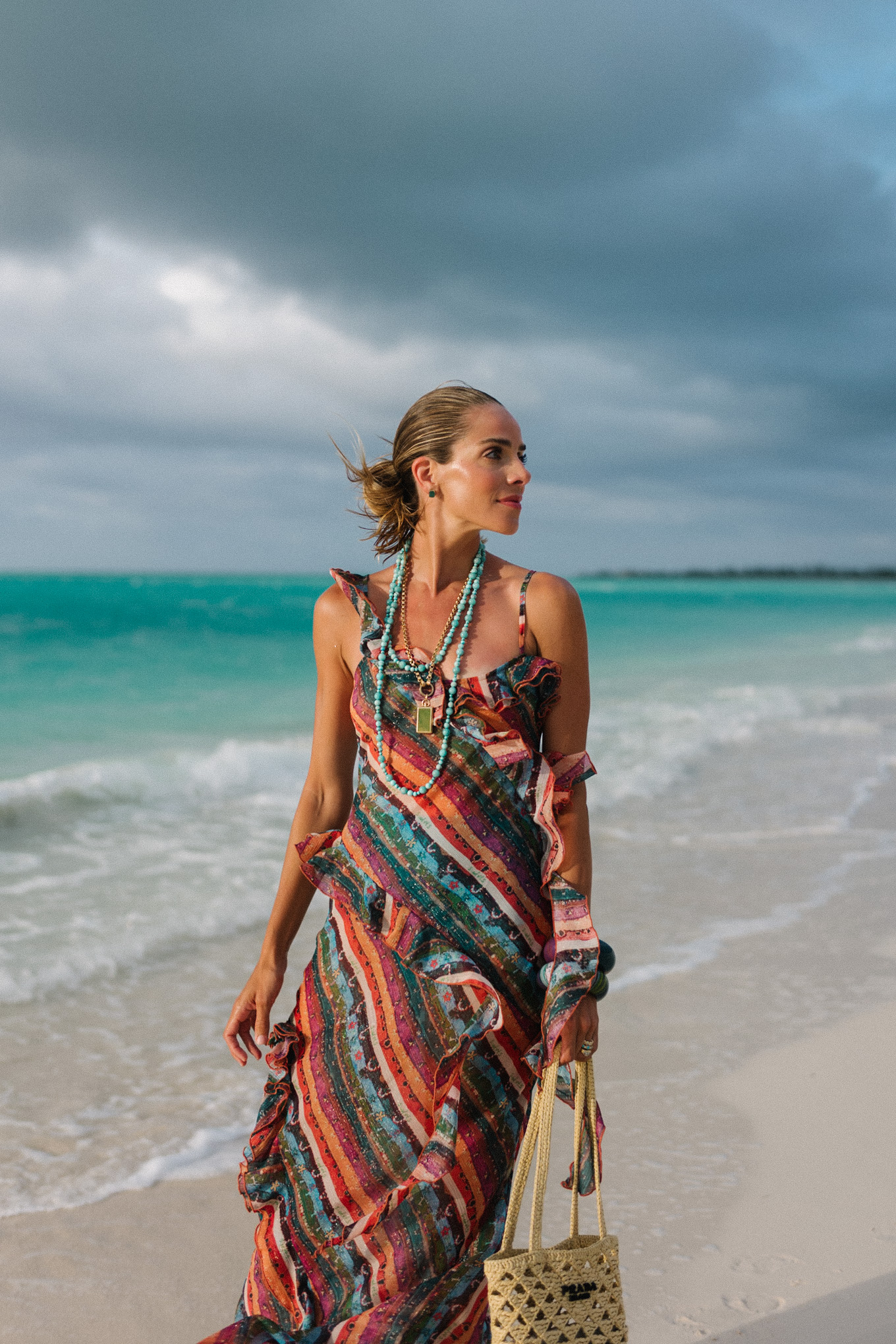 rainbow stripe ruffle maxi dress turquoise bead necklace woven bag