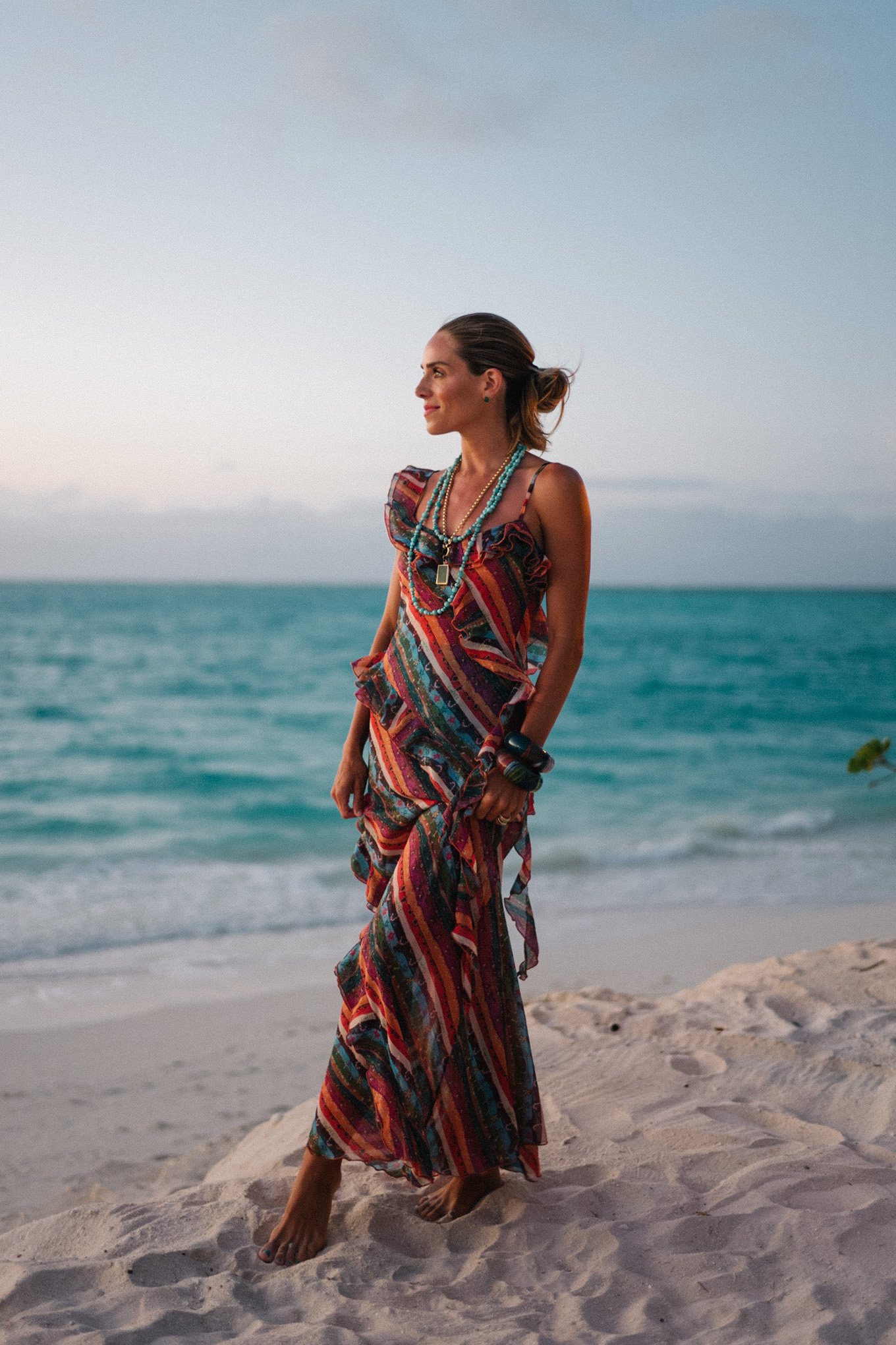 Rainbow Striped Ruffle Maxi Dress Turquoise Beaded Necklace Woven Bag