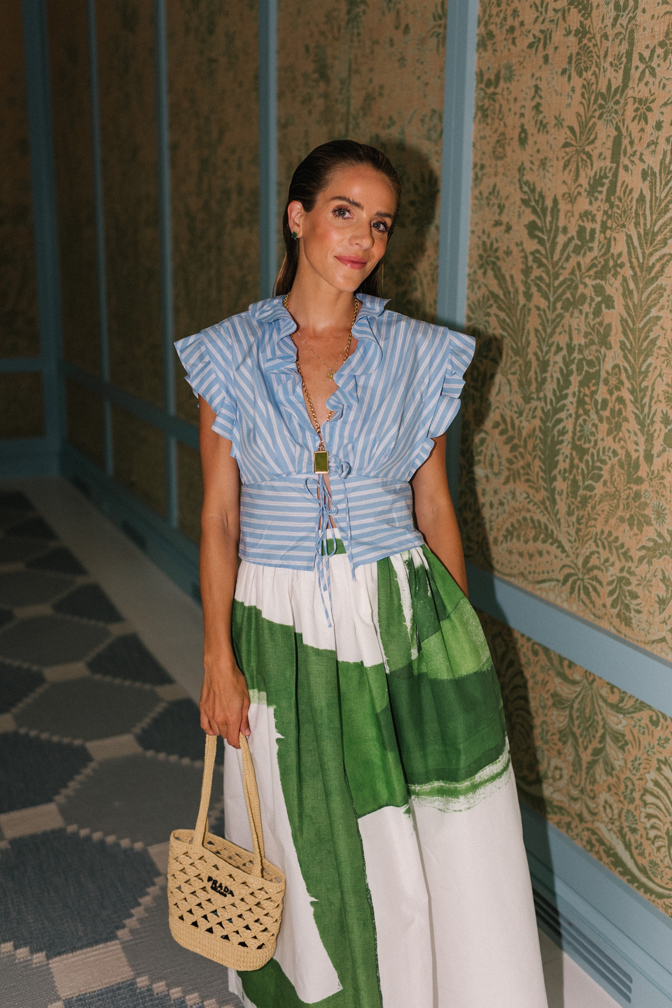 Blue and white striped blouse green and white maxi skirt