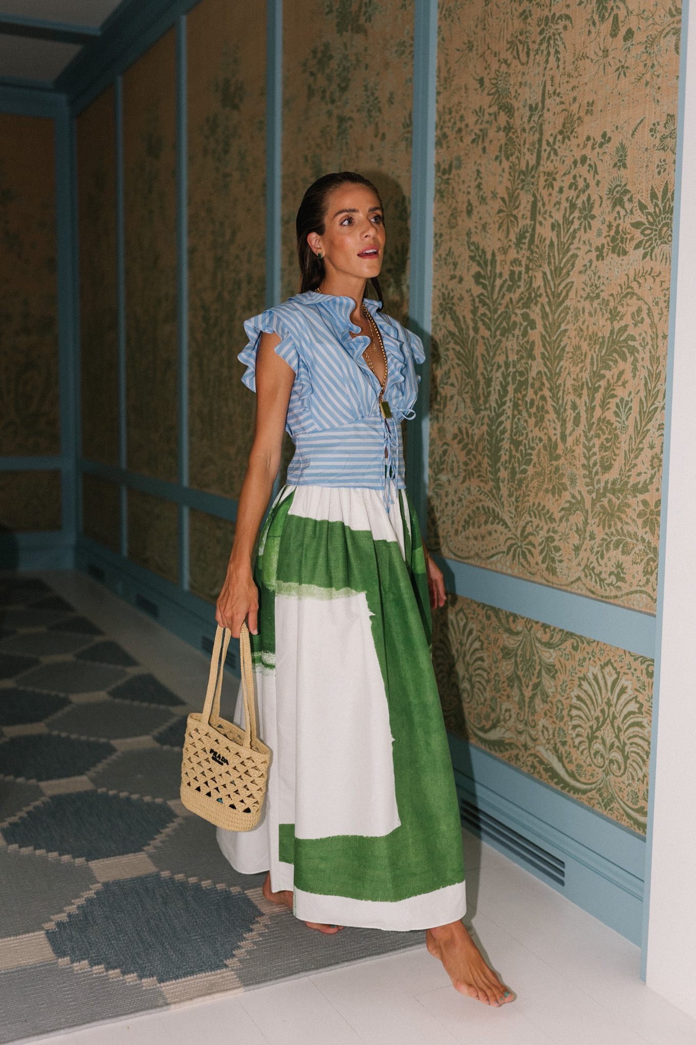 Blue and white striped blouse green and white maxi skirt