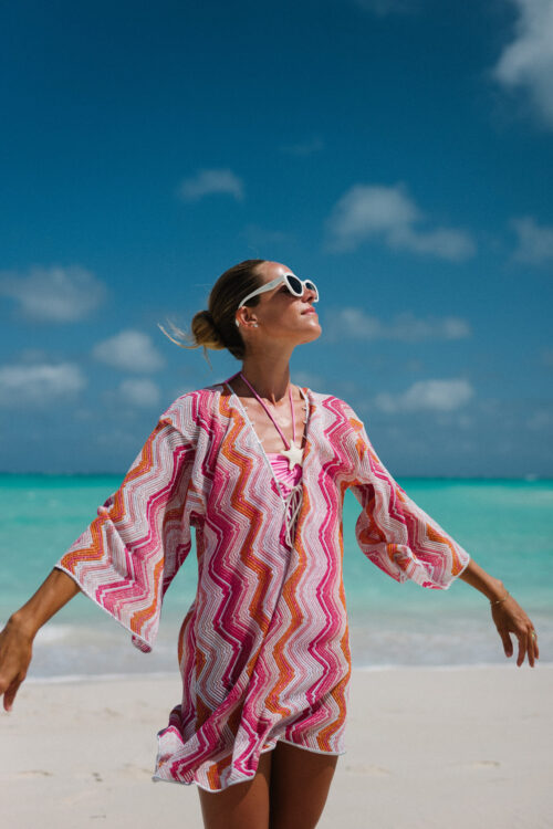 pink white crochet coverup