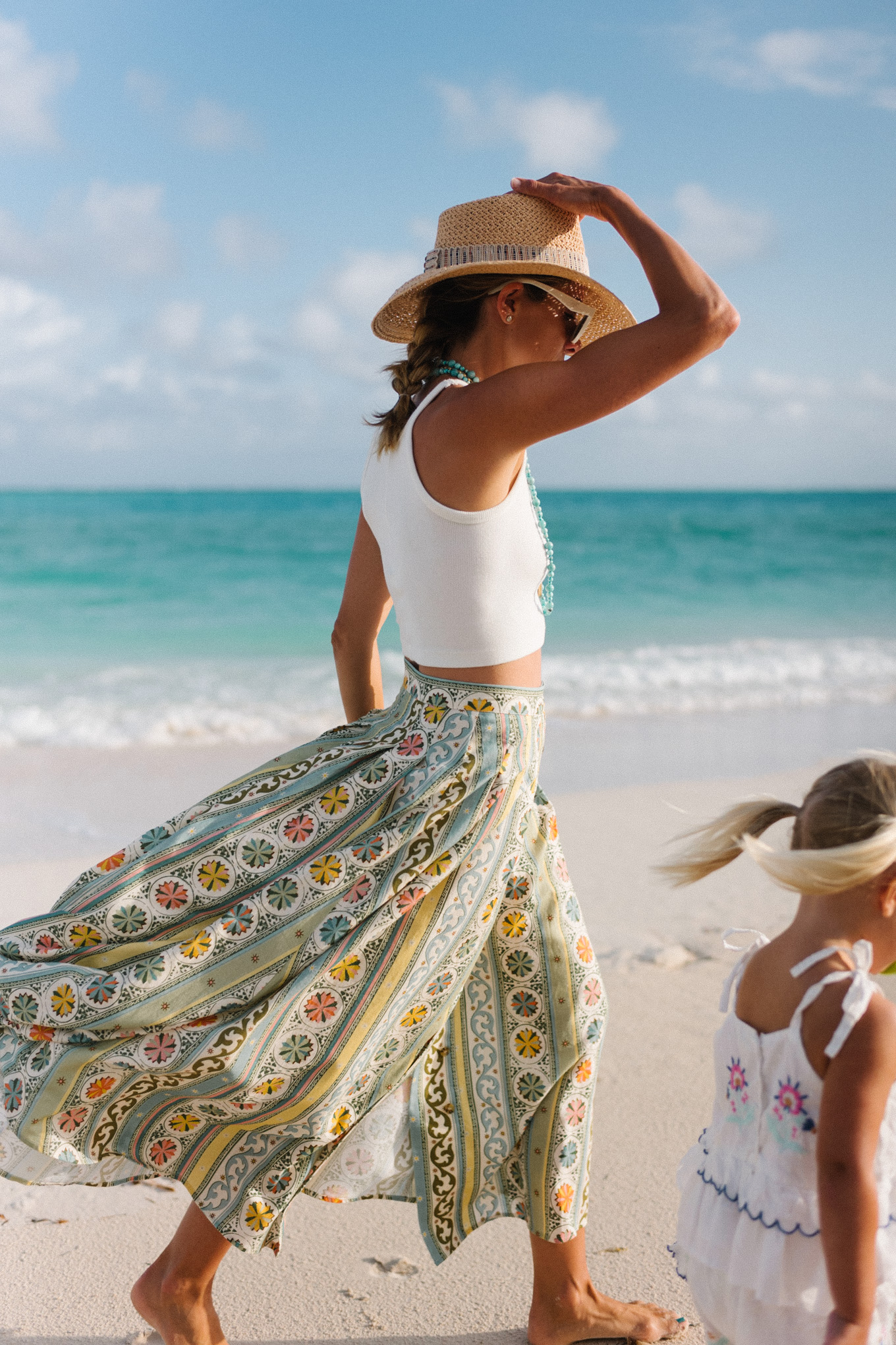 floral skirt white tank turquoise jewels
