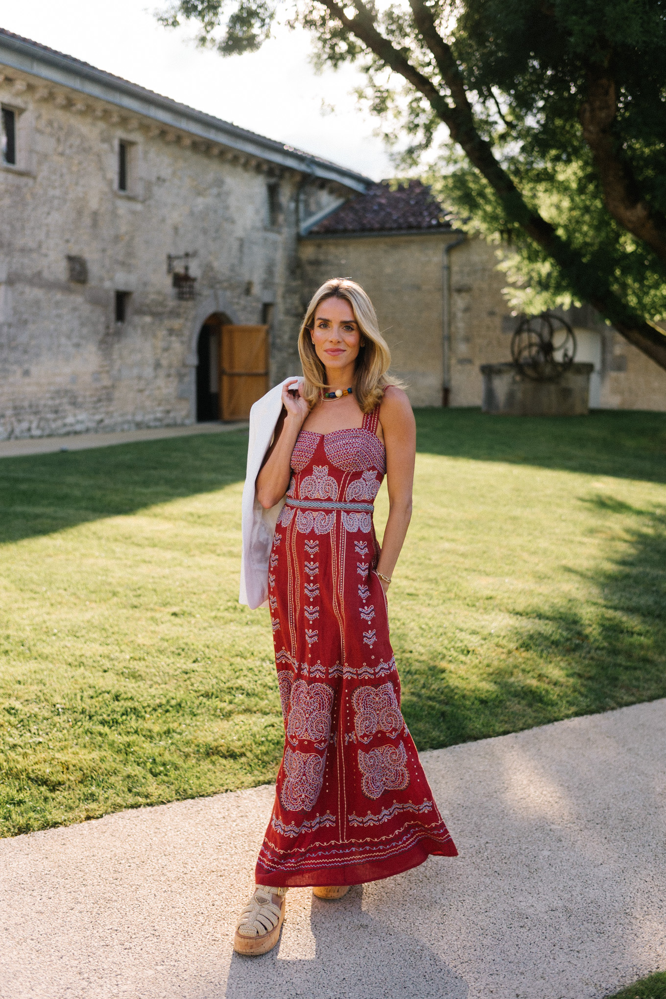 red embroidered maxi dress