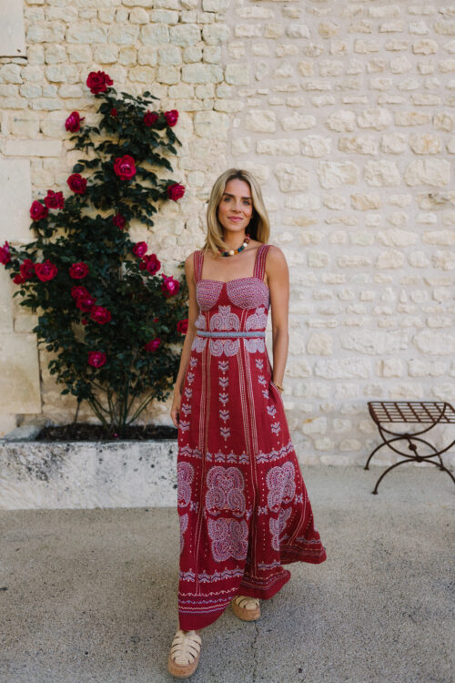 red embroidered maxi dress