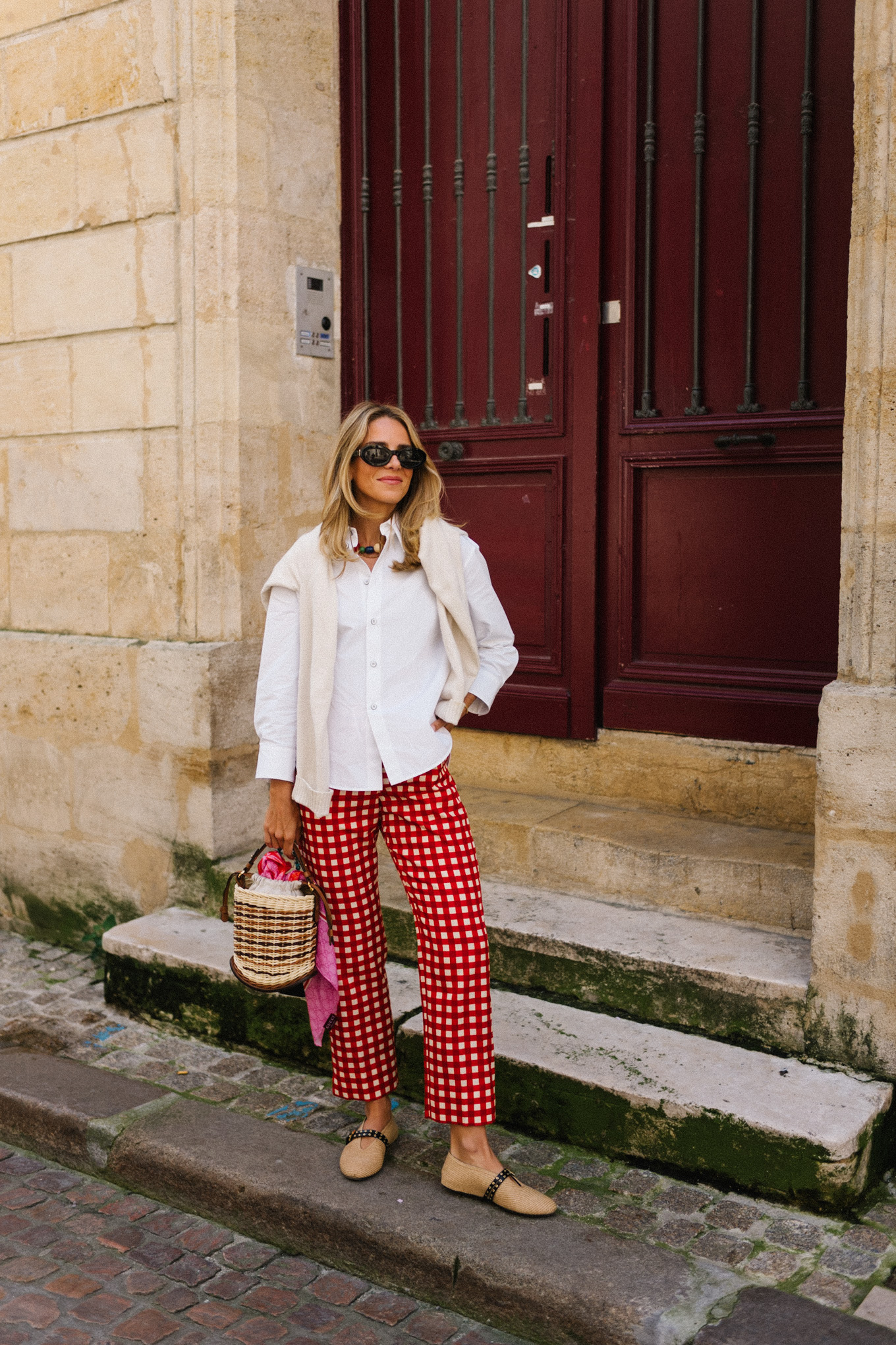 Red and white gingham pants, white collar shirt