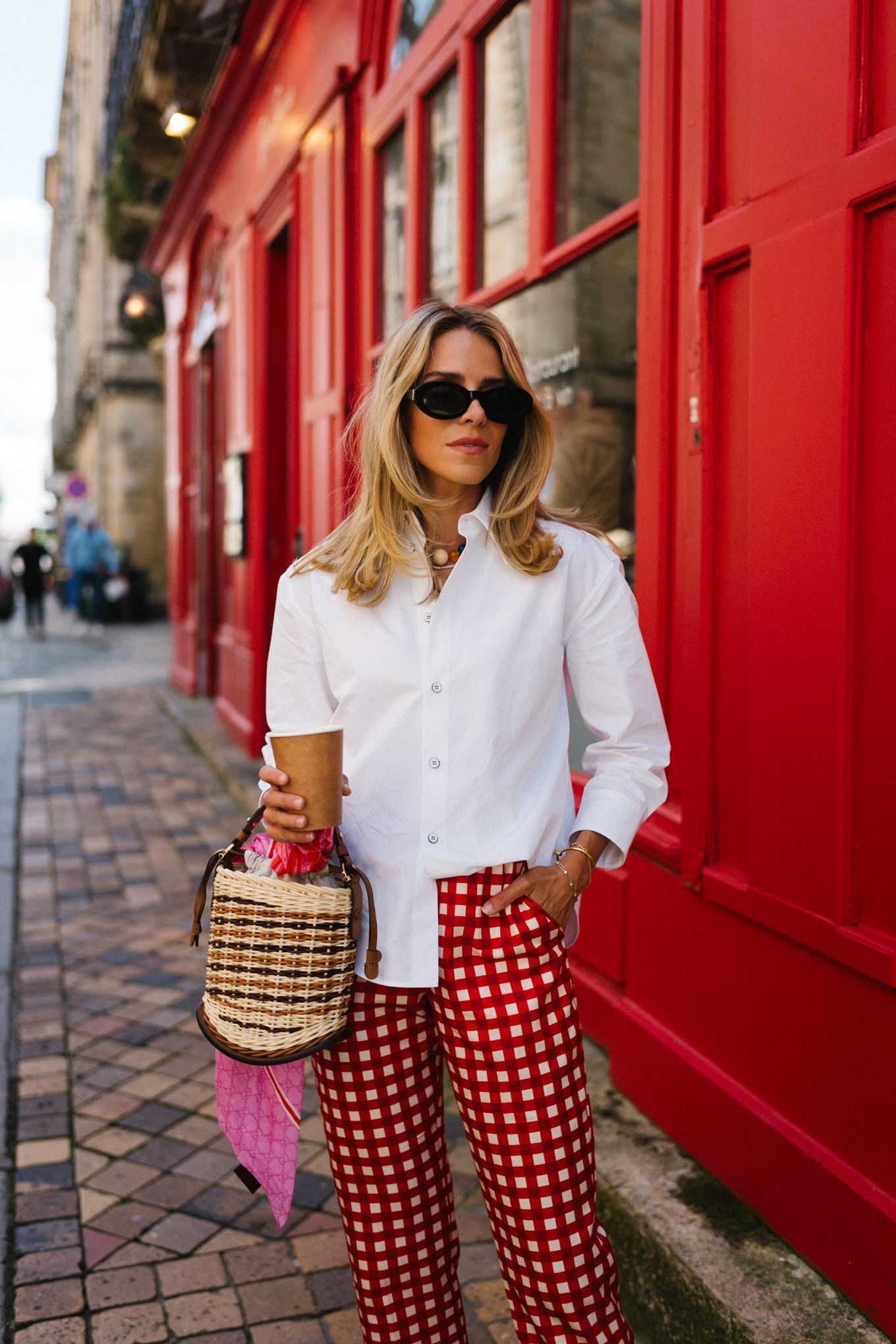 red white gingham pants white collared shirt
