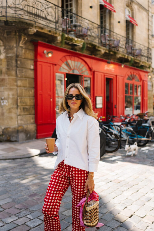red white gingham pants white collared shirt