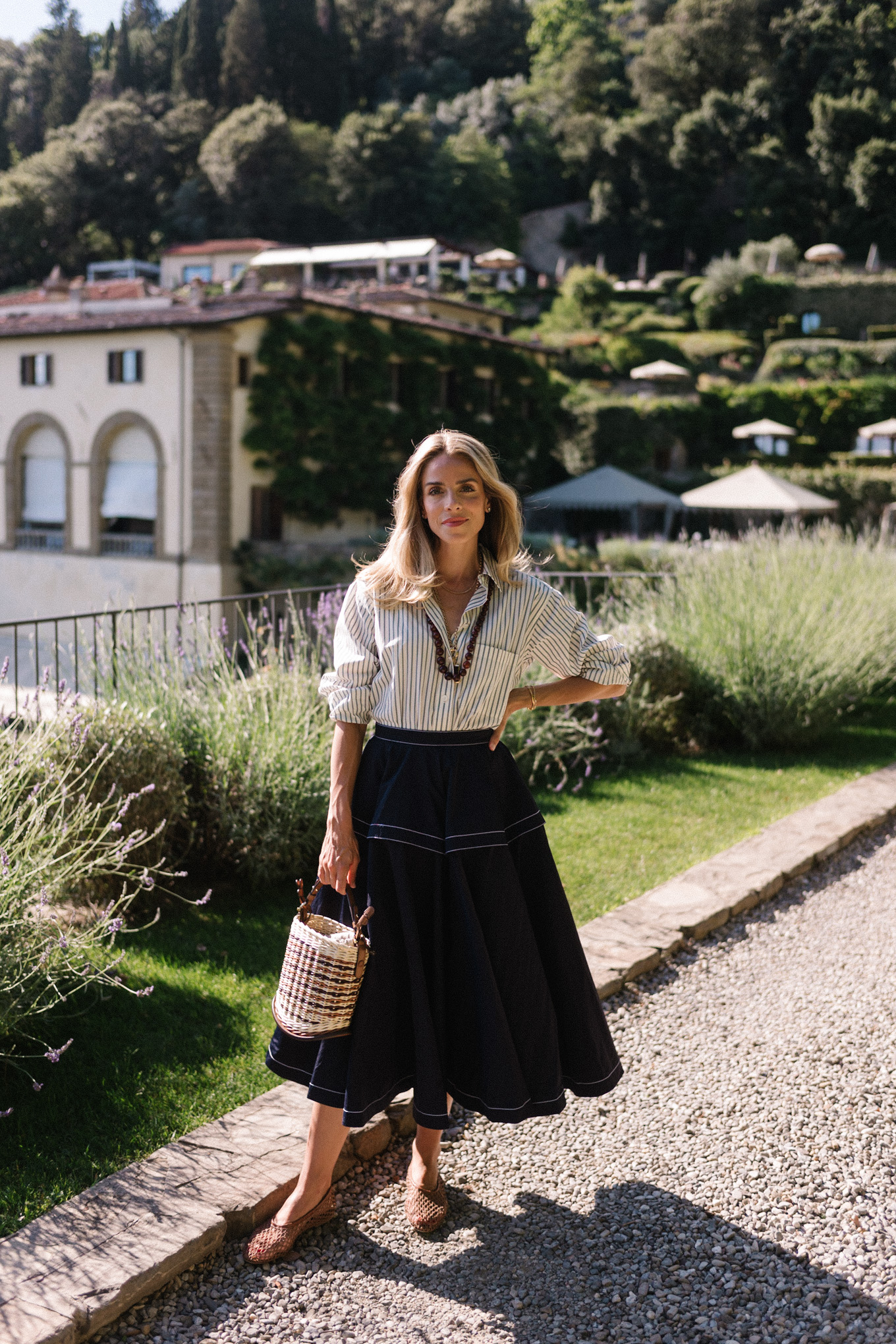 striped button down shirt maxi skirt mesh shoes woven bucket bag