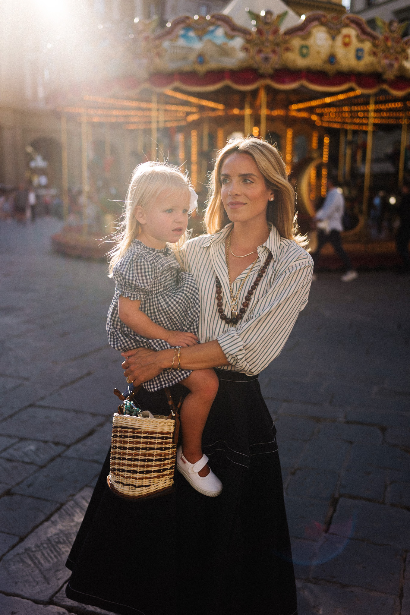 striped button down shirt maxi skirt mesh shoes woven bucket bag