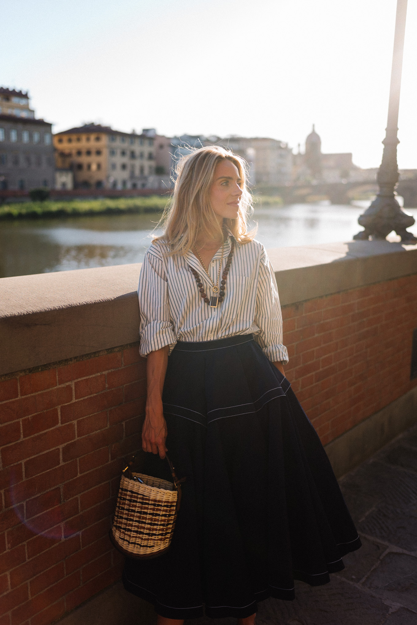 striped button down shirt maxi skirt mesh shoes woven bucket bag