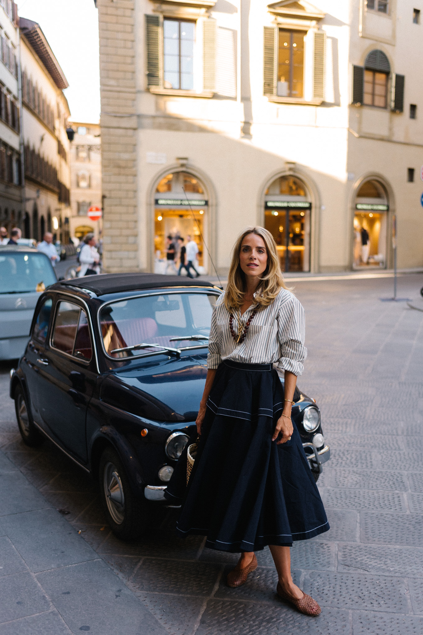 striped button down shirt maxi skirt mesh shoes woven bucket bag