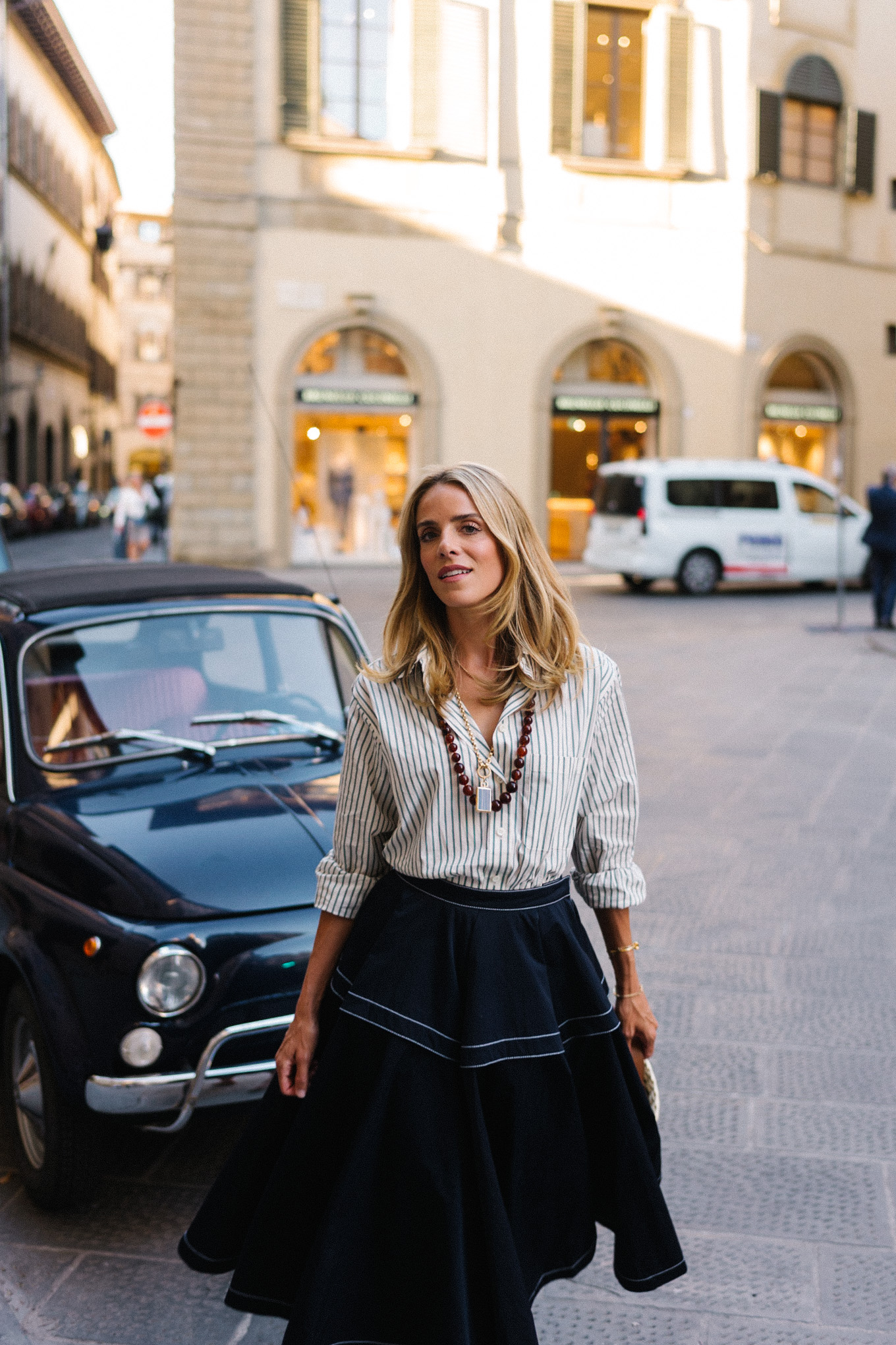 striped button down shirt maxi skirt mesh shoes woven bucket bag