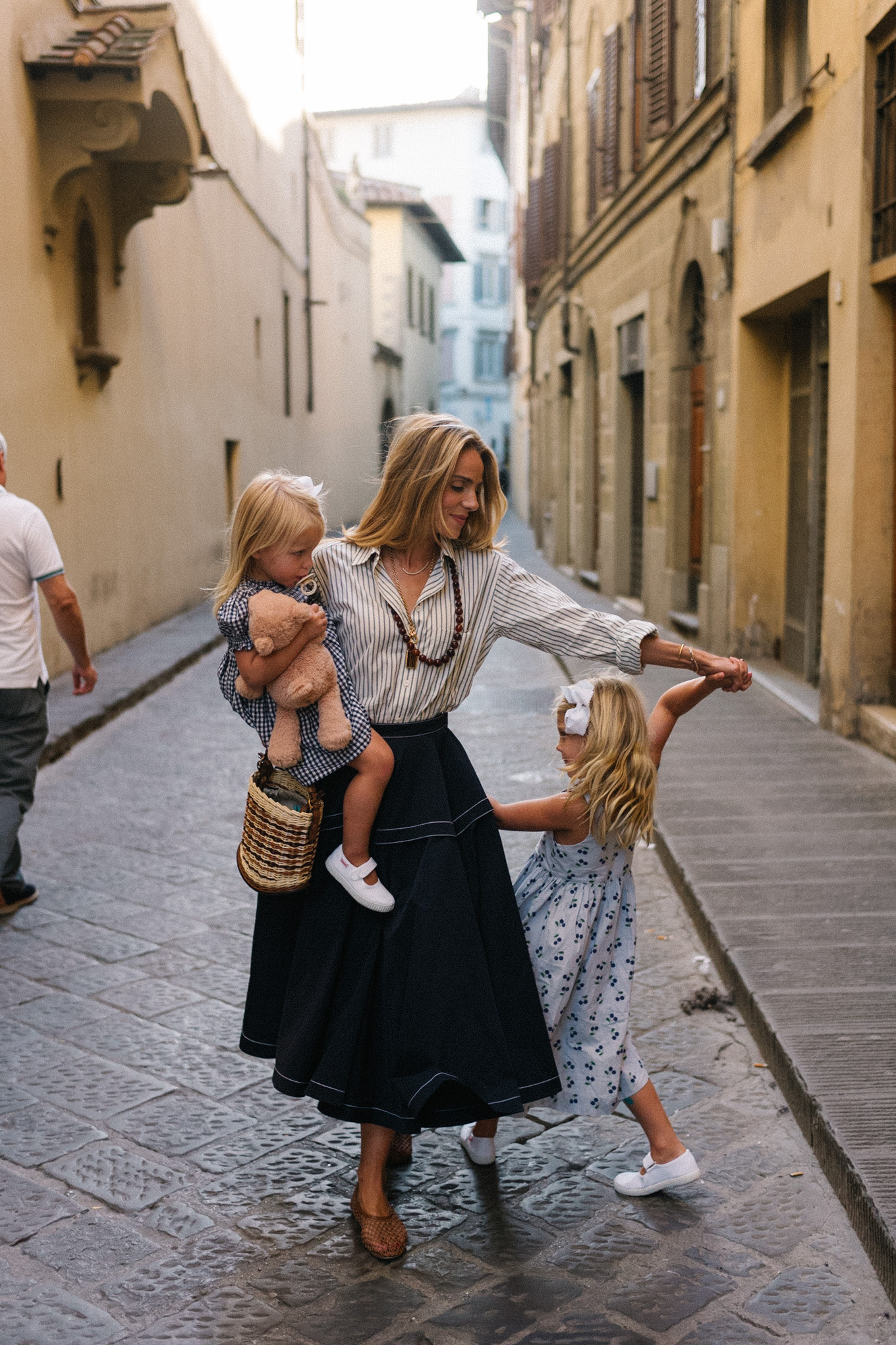 striped button down shirt maxi skirt mesh shoes woven bucket bag