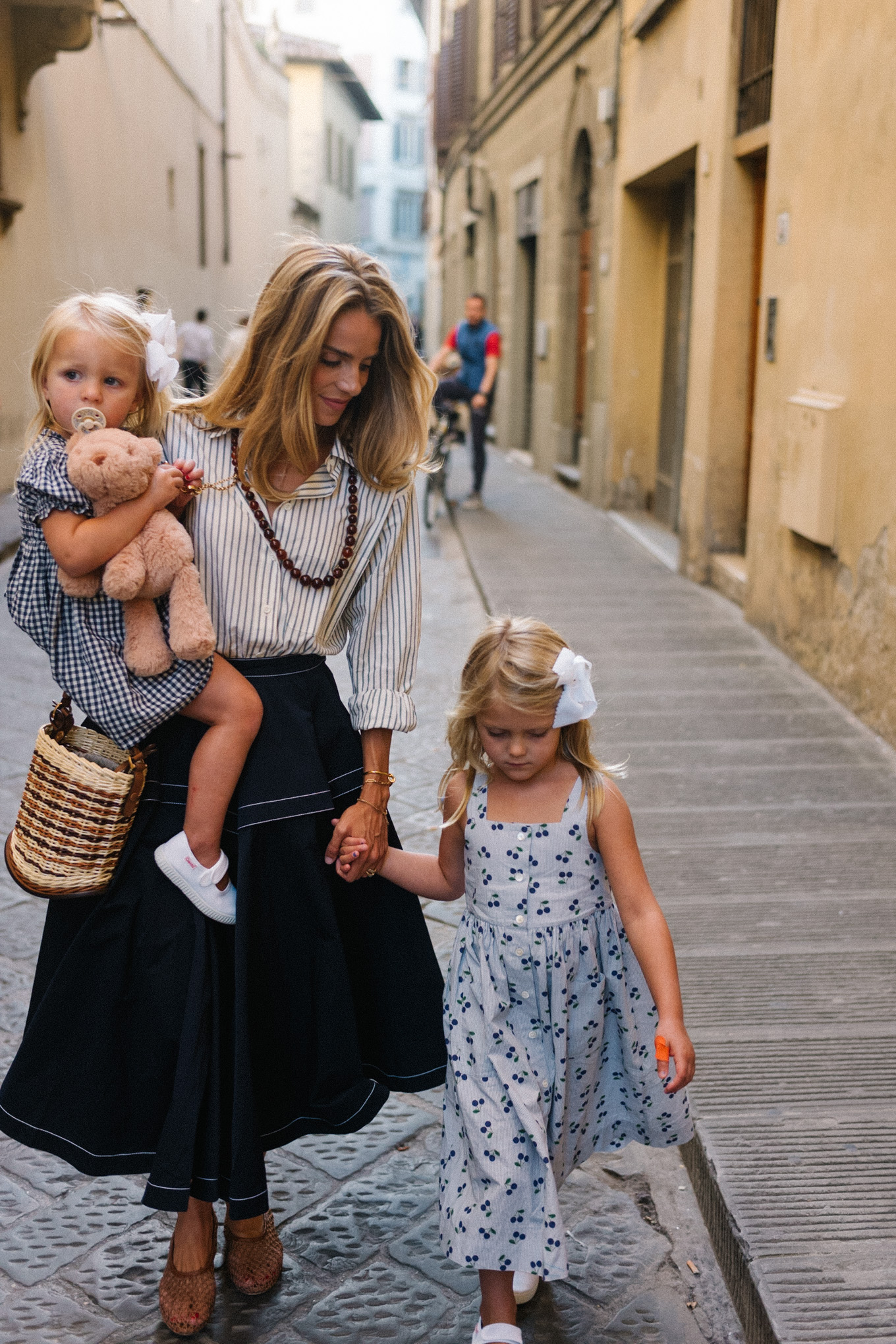 striped button down shirt maxi skirt mesh shoes woven bucket bag