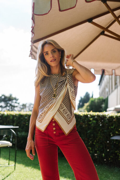 striped silk scarf top red pants woven bag
