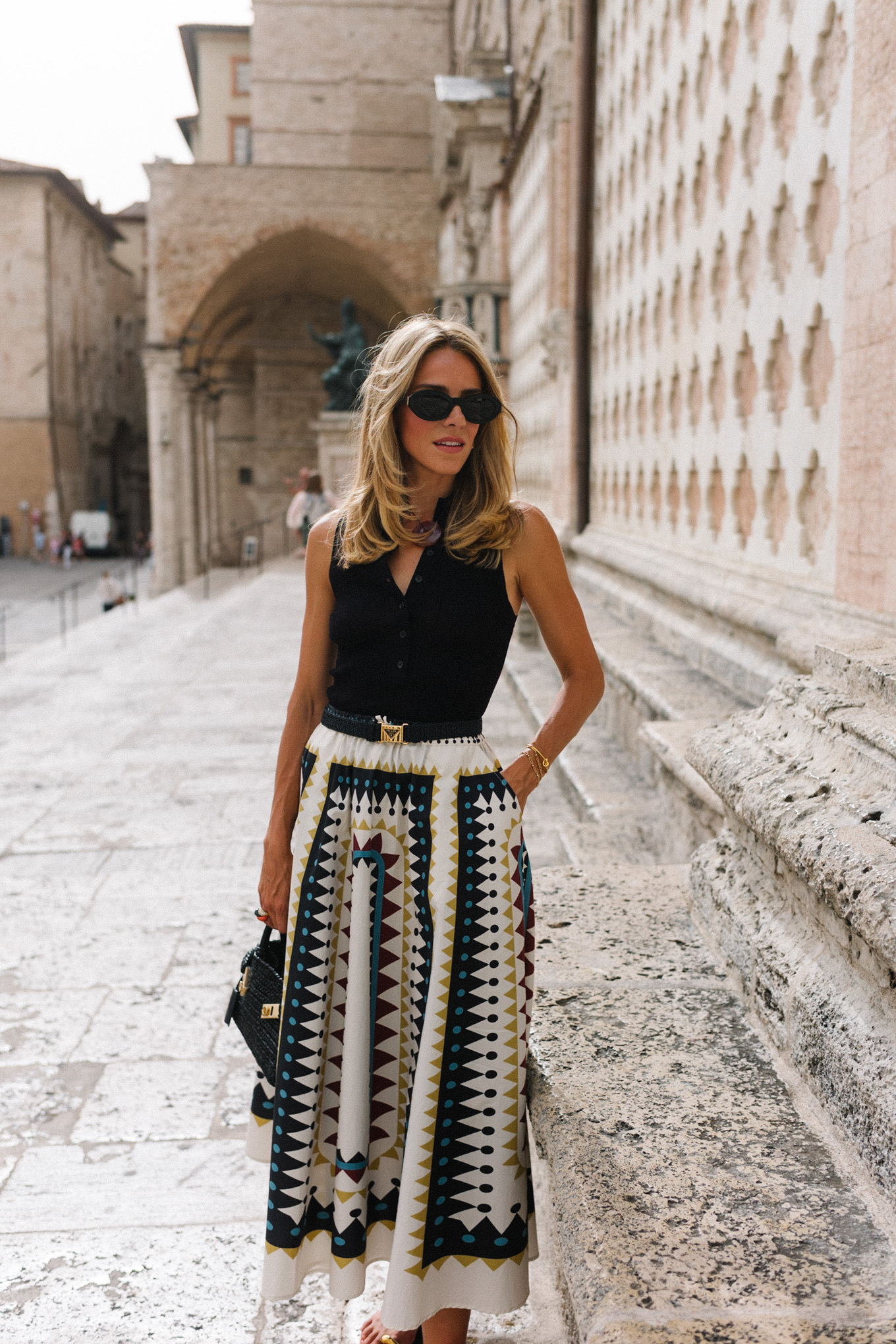 Black collared top, black and white geometric maxi skirt