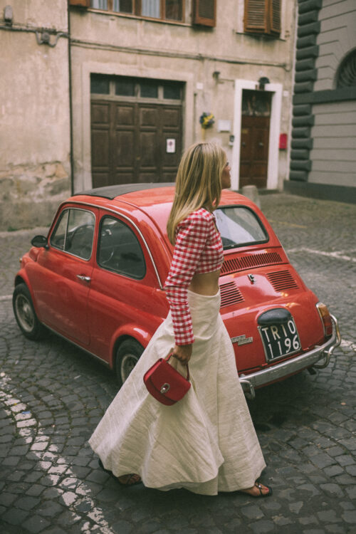 red white gingham crop top white maxi skirt red leather bag