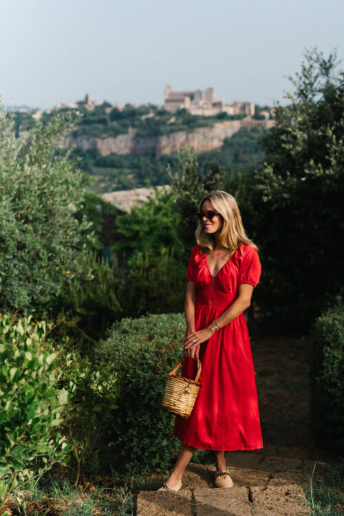 red dress straw bag