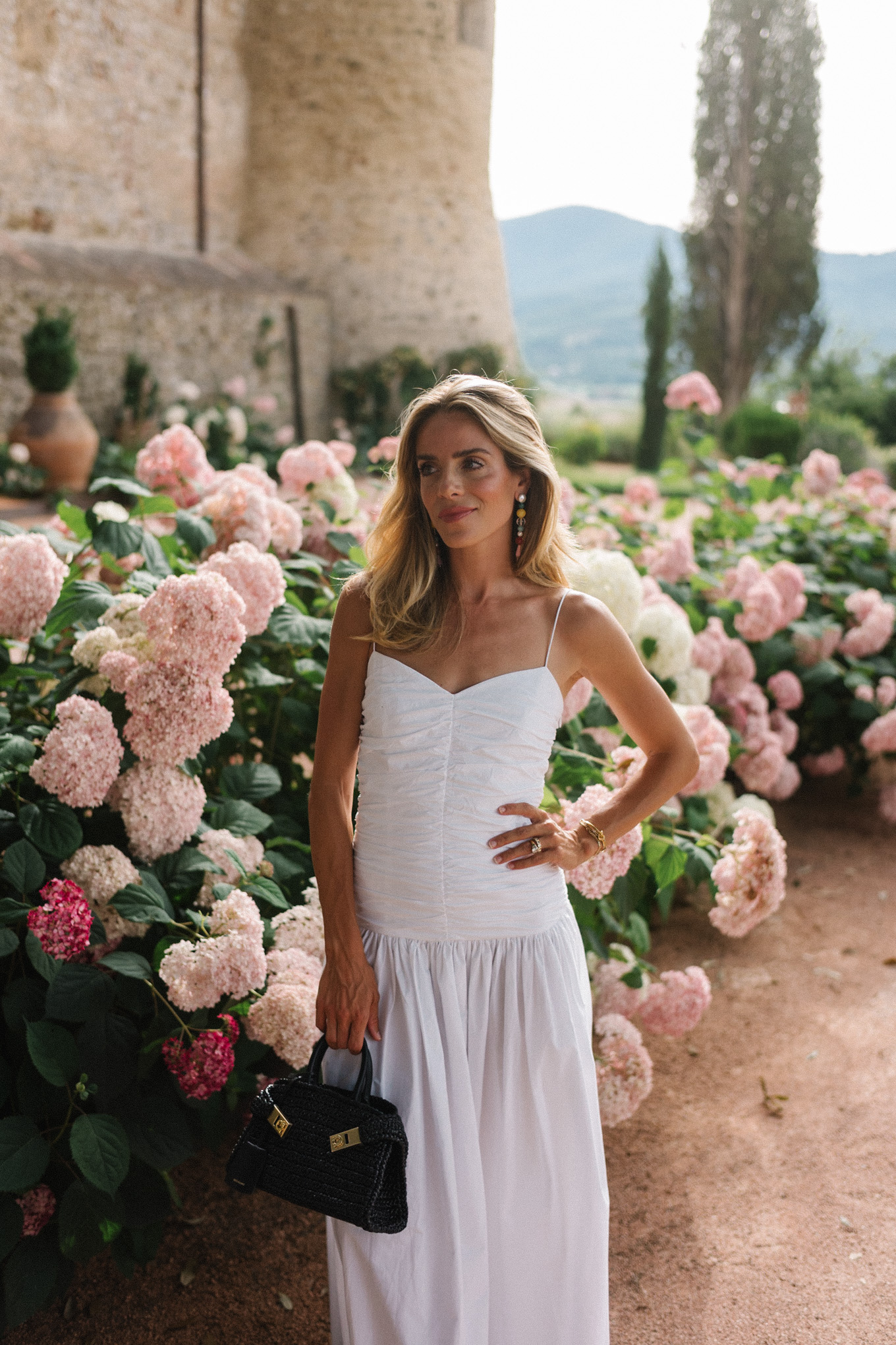 White maxi dress, black leather sandals, black straw bag