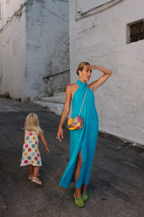 turquoise maxi dress green flats colorful bag