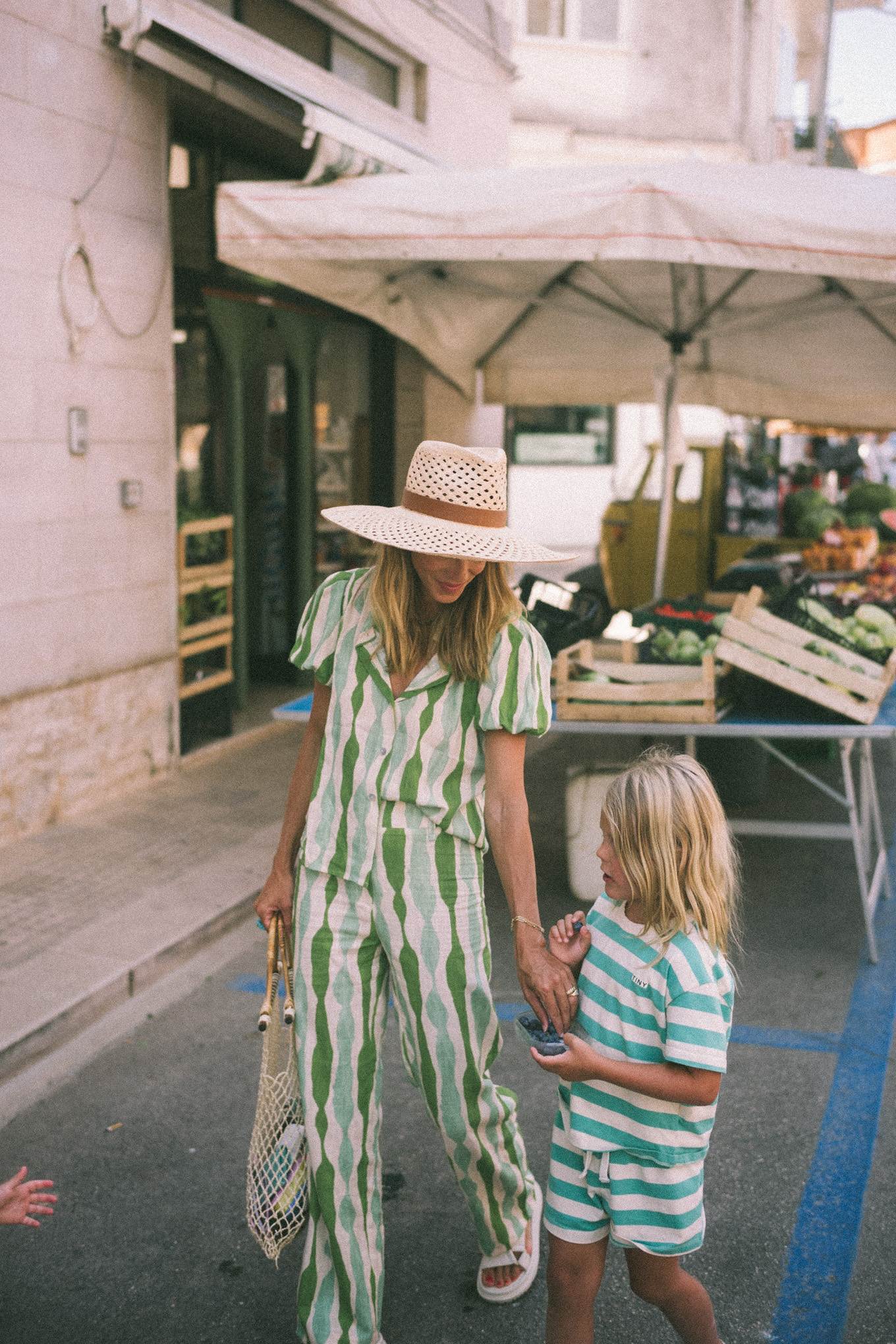 green striped shirt and pants straw hat