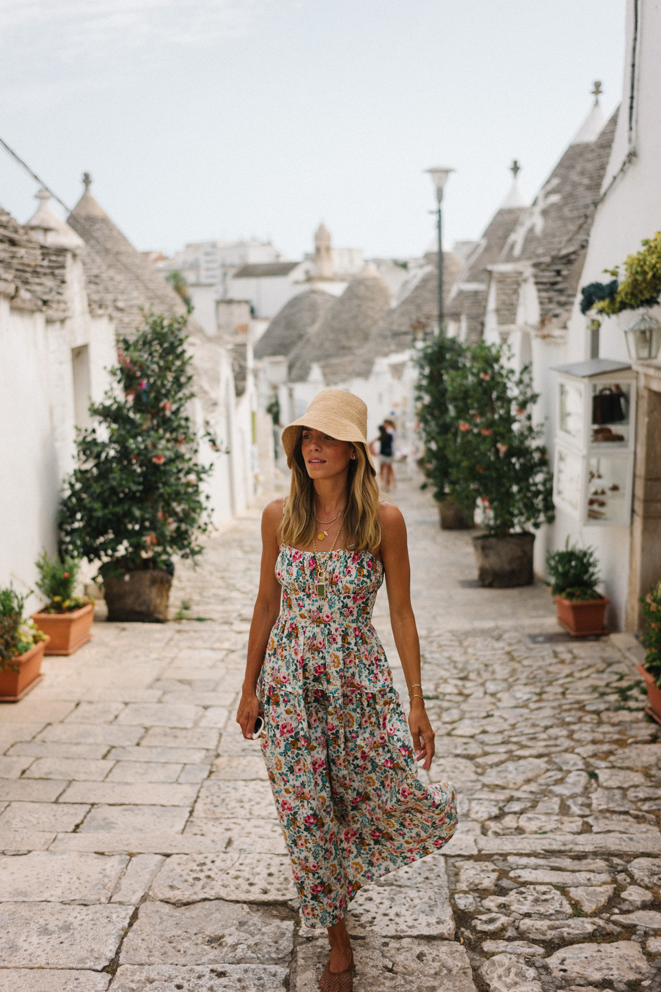 floral summer maxi dress straw bucket hat straw bag