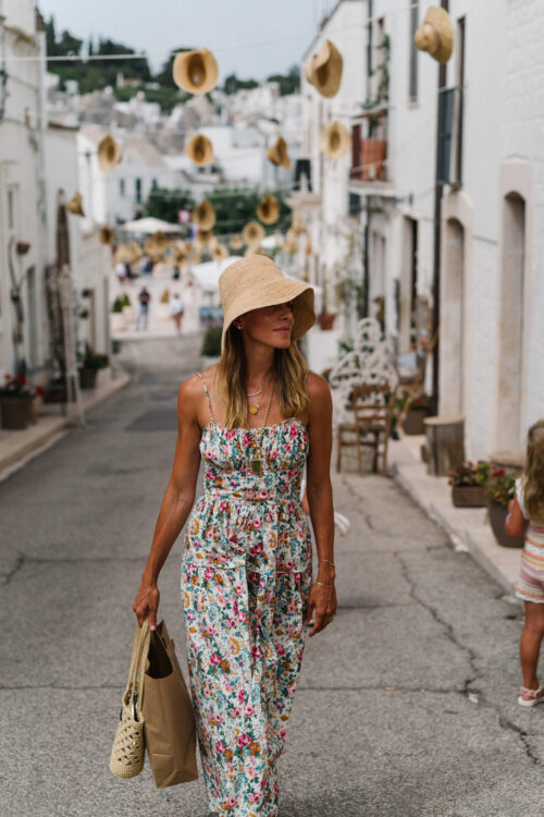 floral summer maxi dress straw bucket hat straw bag