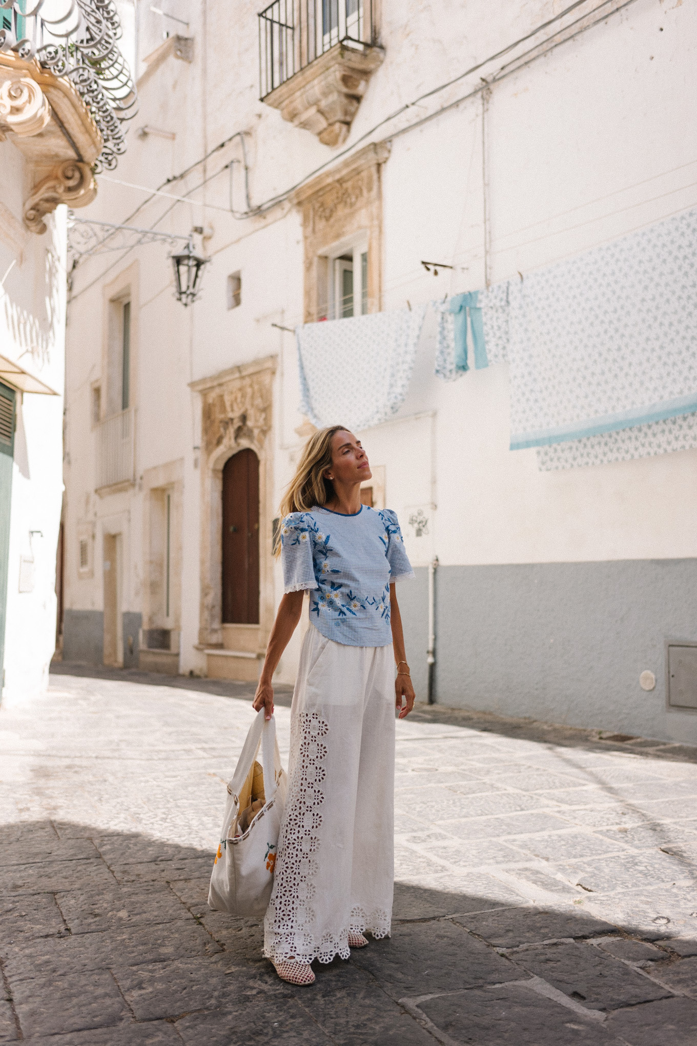 blue shirt white eyelet pants