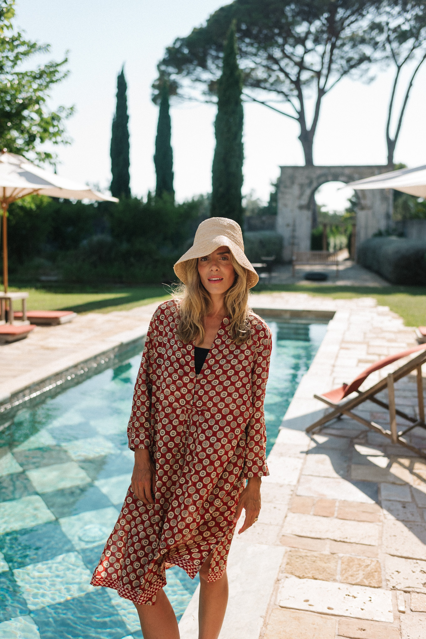 Block print cover up Straw hat Black bikini