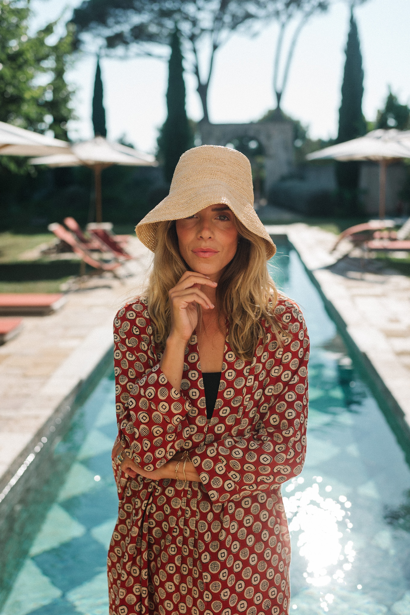 Block print cover up Straw hat Black bikini