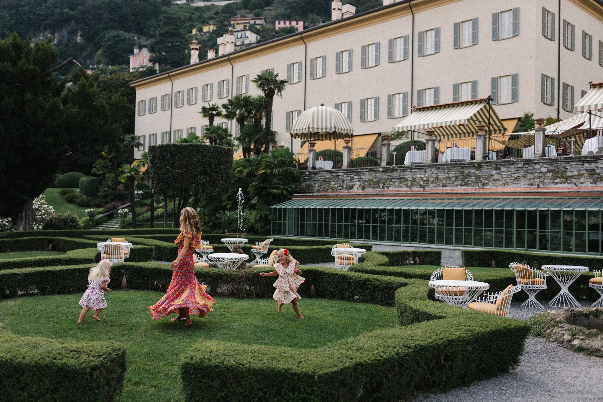 Lake Como, Italy, Red, Yellow, Blue, Floral Dress