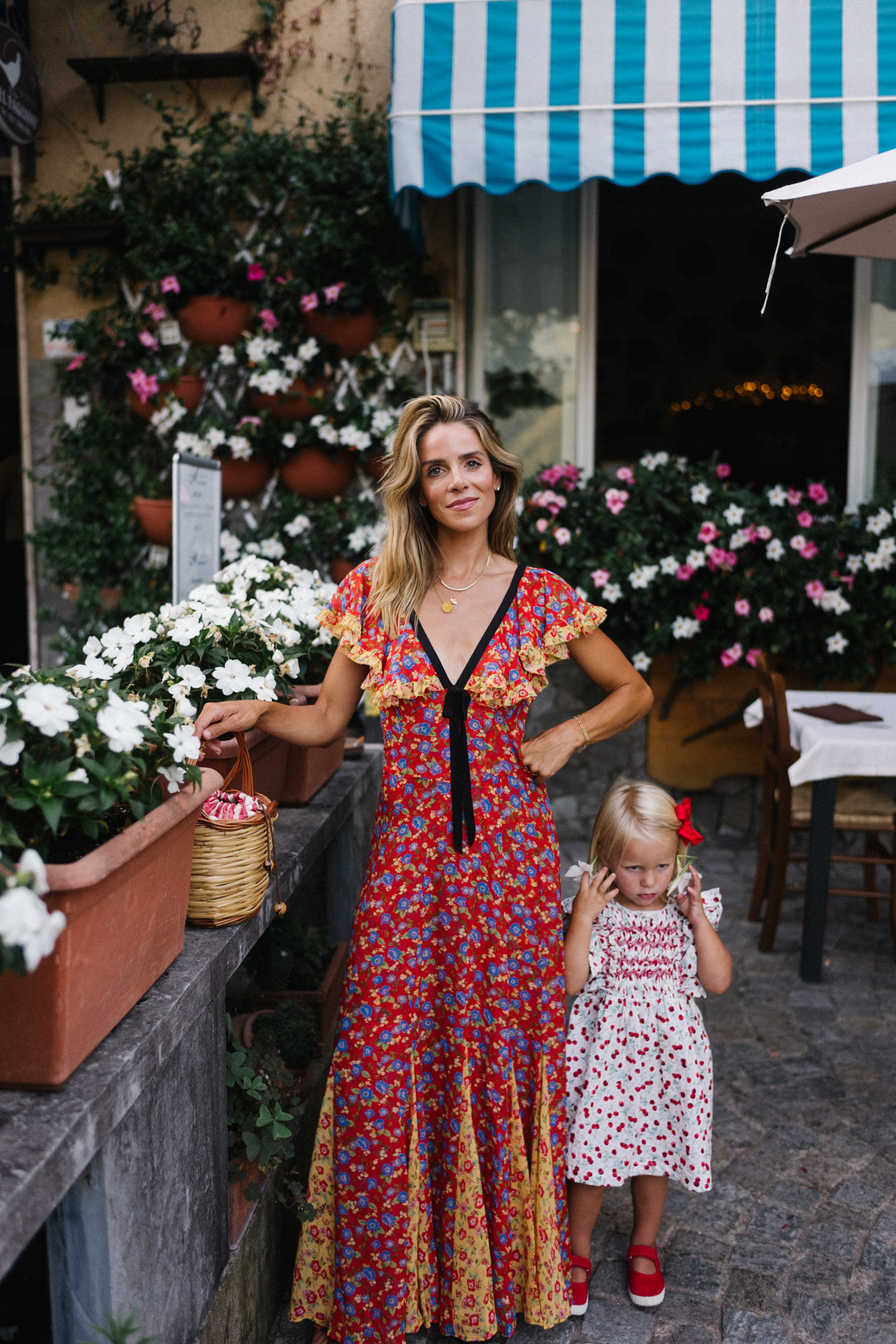 Lake Como, Italy, Red, Yellow, Blue, Floral Dress