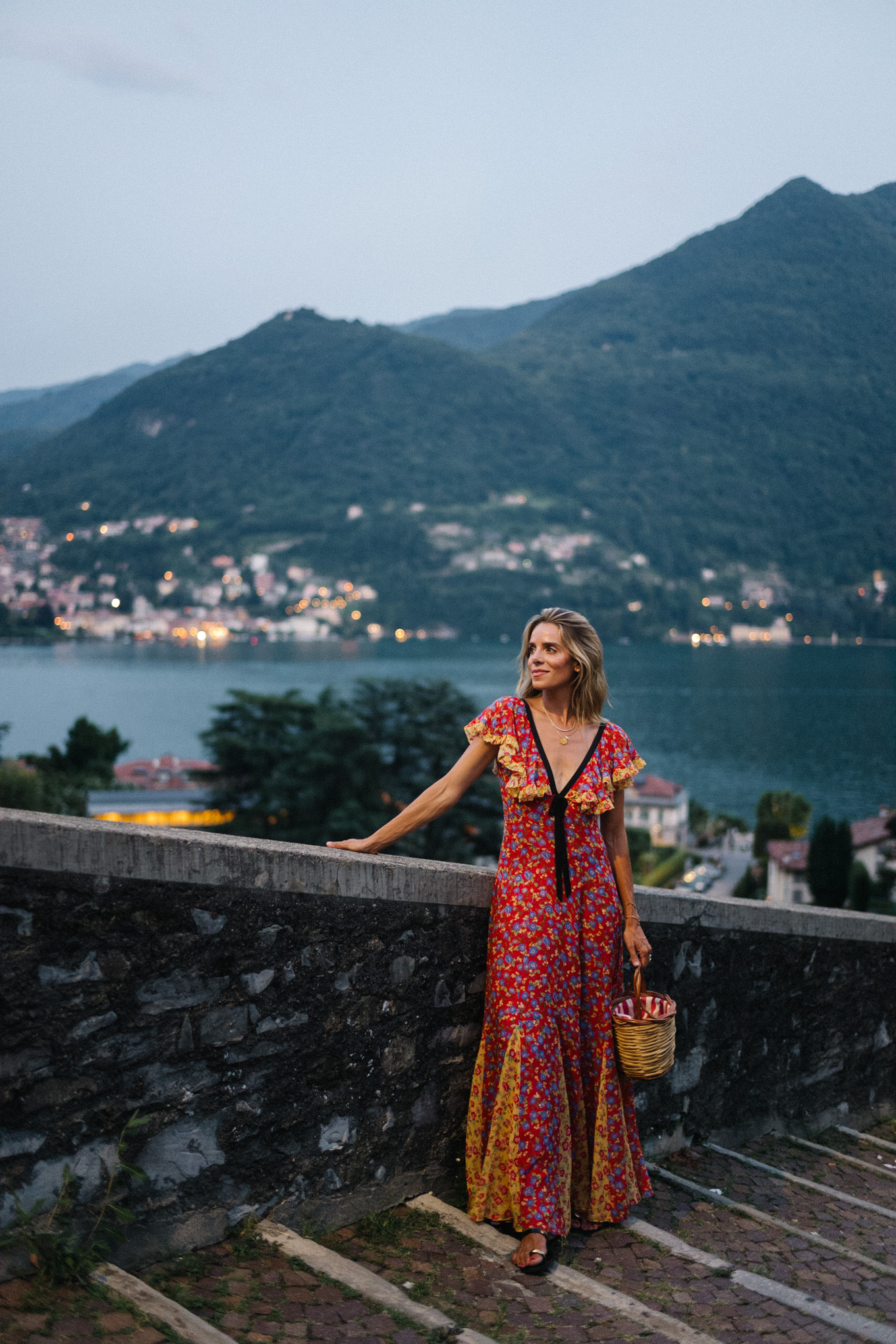 Lake Como, Italy, Red, Yellow, Blue, Floral Dress