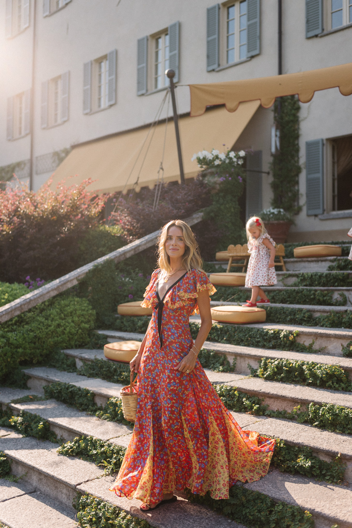 Lake Como, Italy, Red, Yellow, Blue, Floral Dress