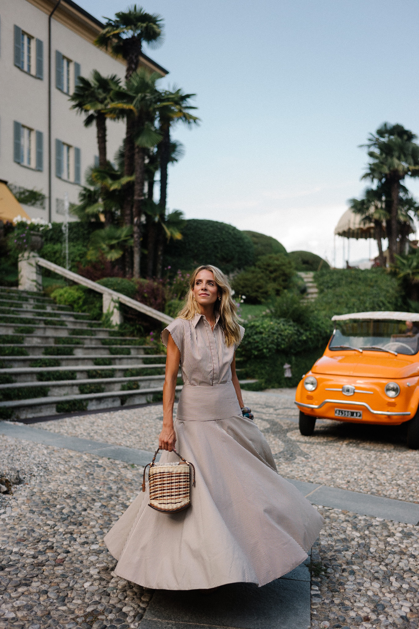 Brown and white striped collar top and skirt set