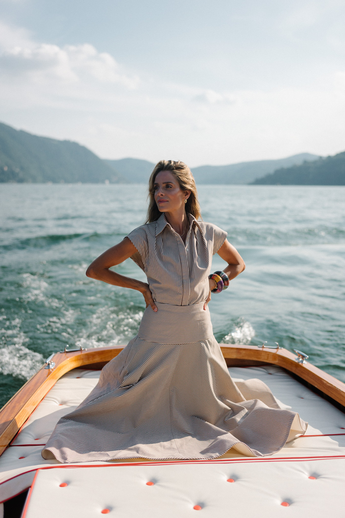 Brown and white striped collar top and skirt set