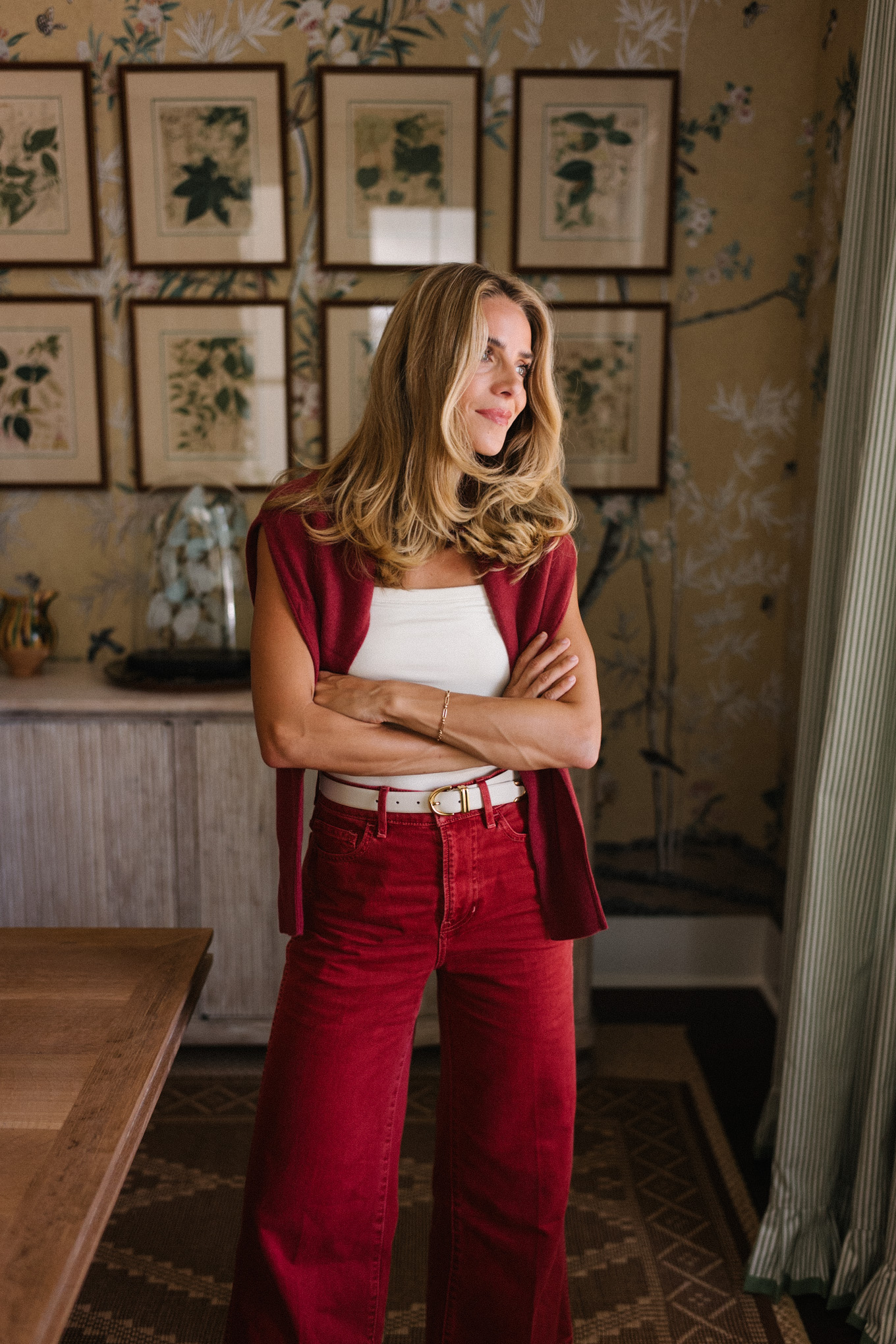 red cashmere sweater white tank red wide leg denim