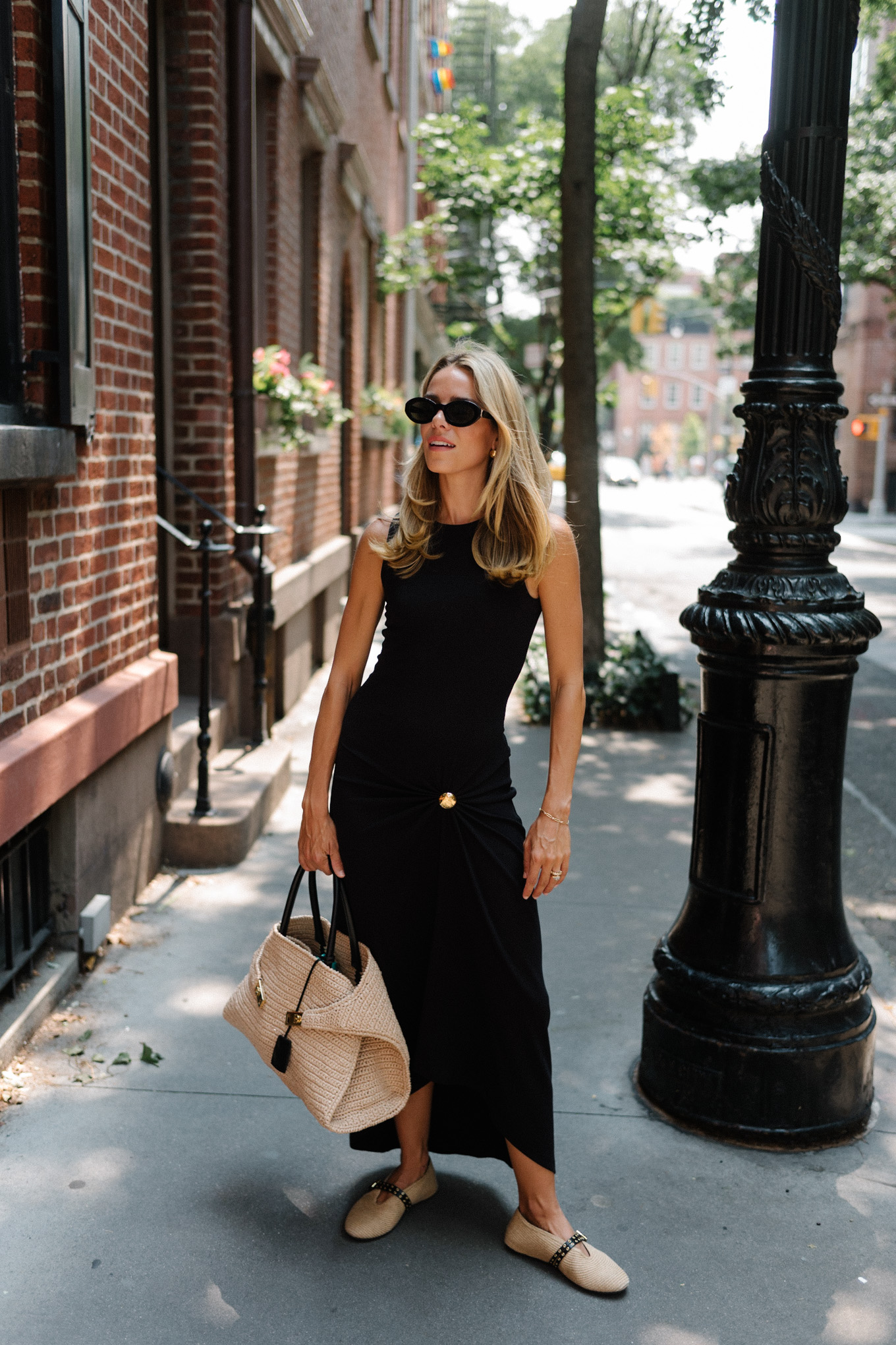 black cotton maxi dress straw bag straw mules