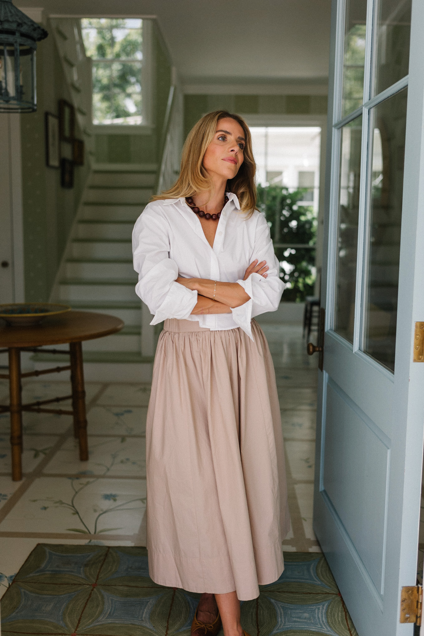 white button down blouse beige maxi skirt