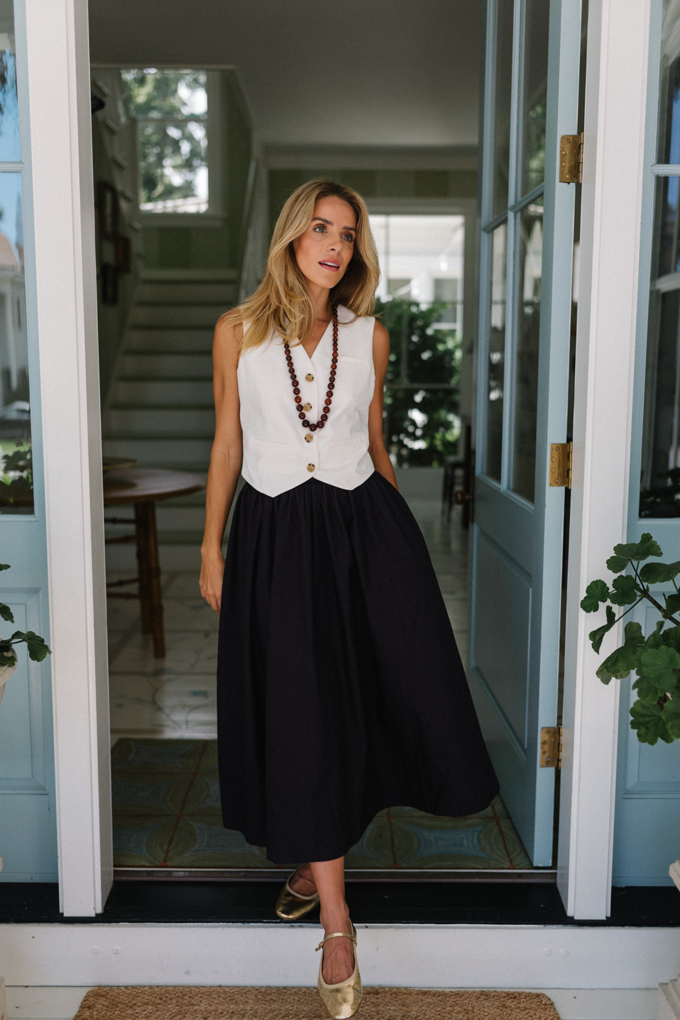 white vest top black maxi skirt