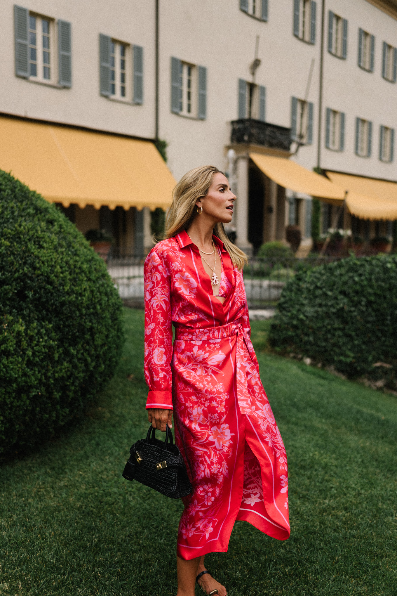 pink silk floral blouse and skirt