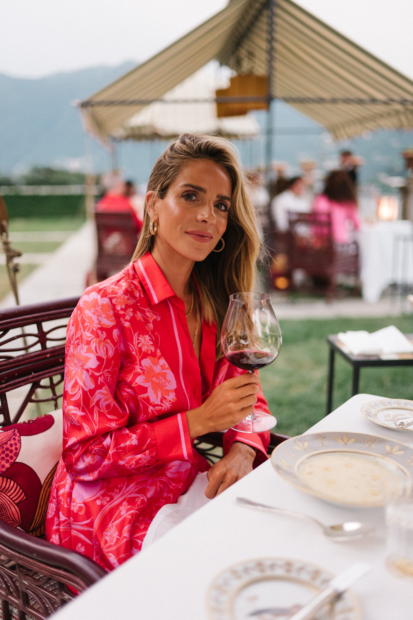 pink silk floral blouse and skirt