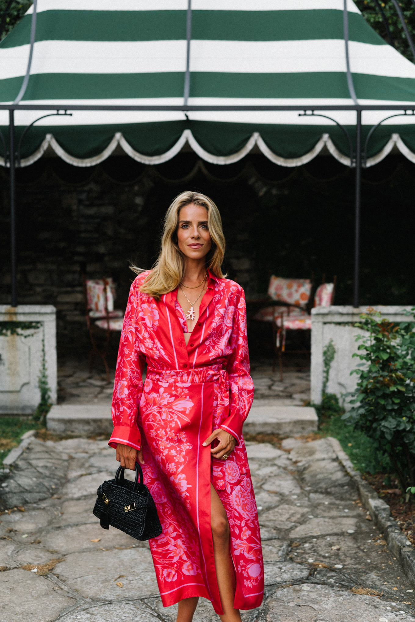 pink silk floral blouse and skirt