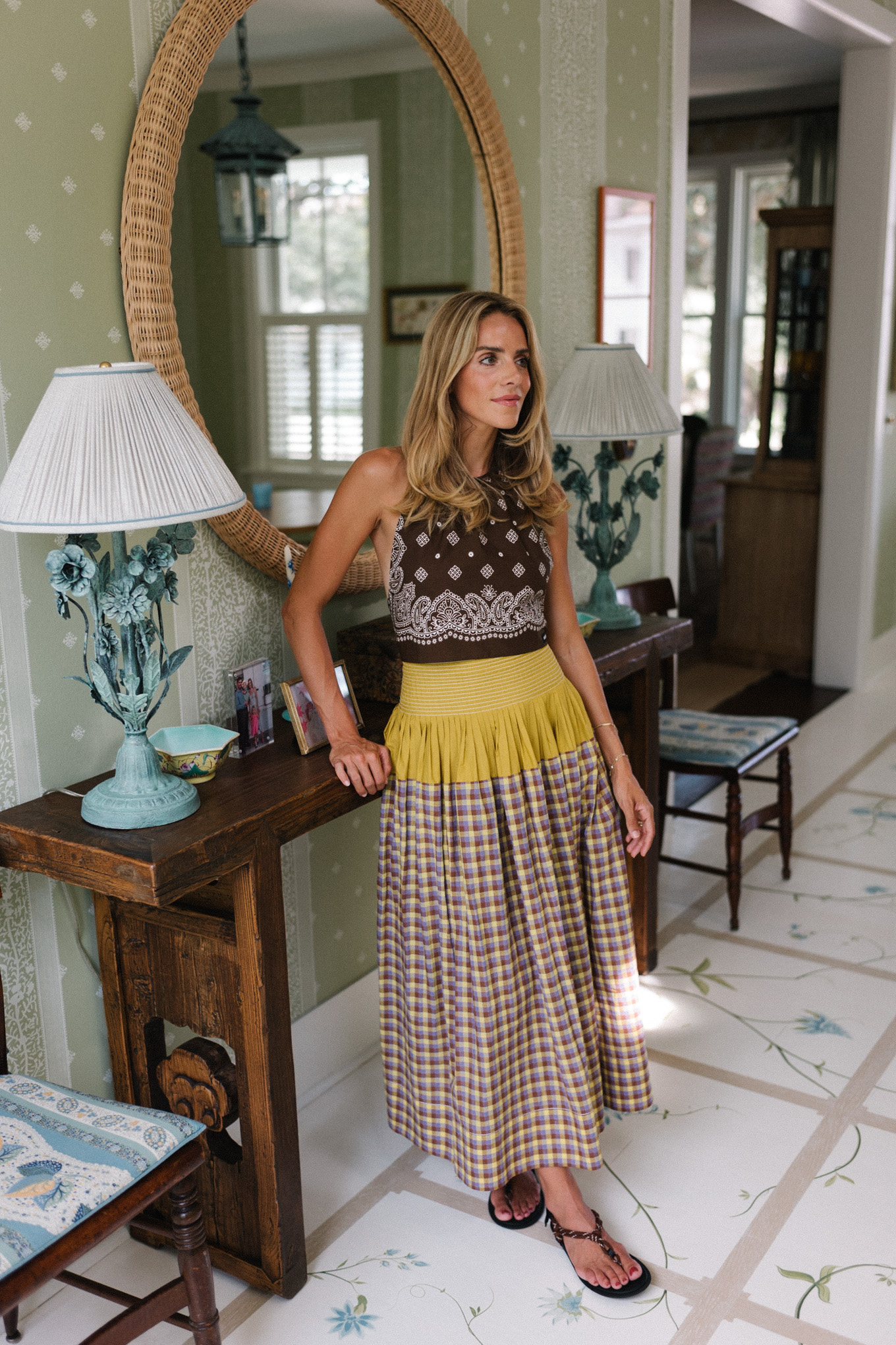 Brown bandana scarf top brown, white and yellow gingham maxi skirt