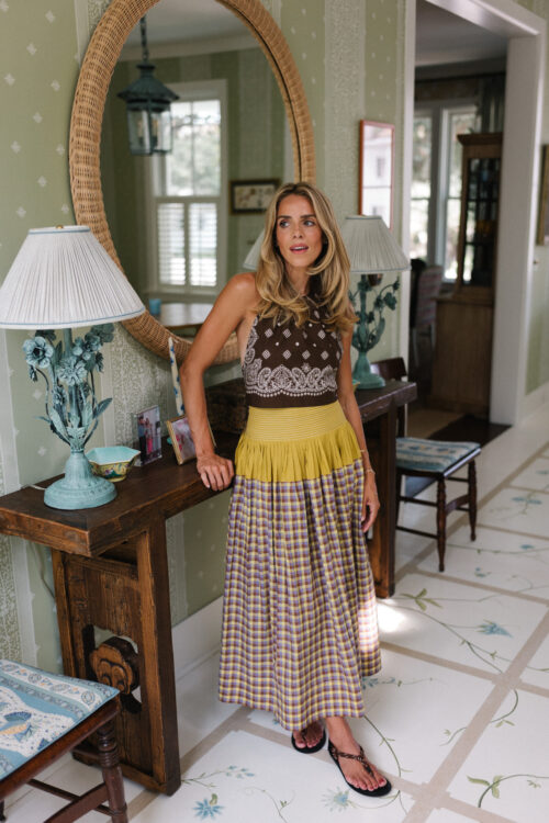 brown bandana scarf top brown white yellow gingham maxi skirt