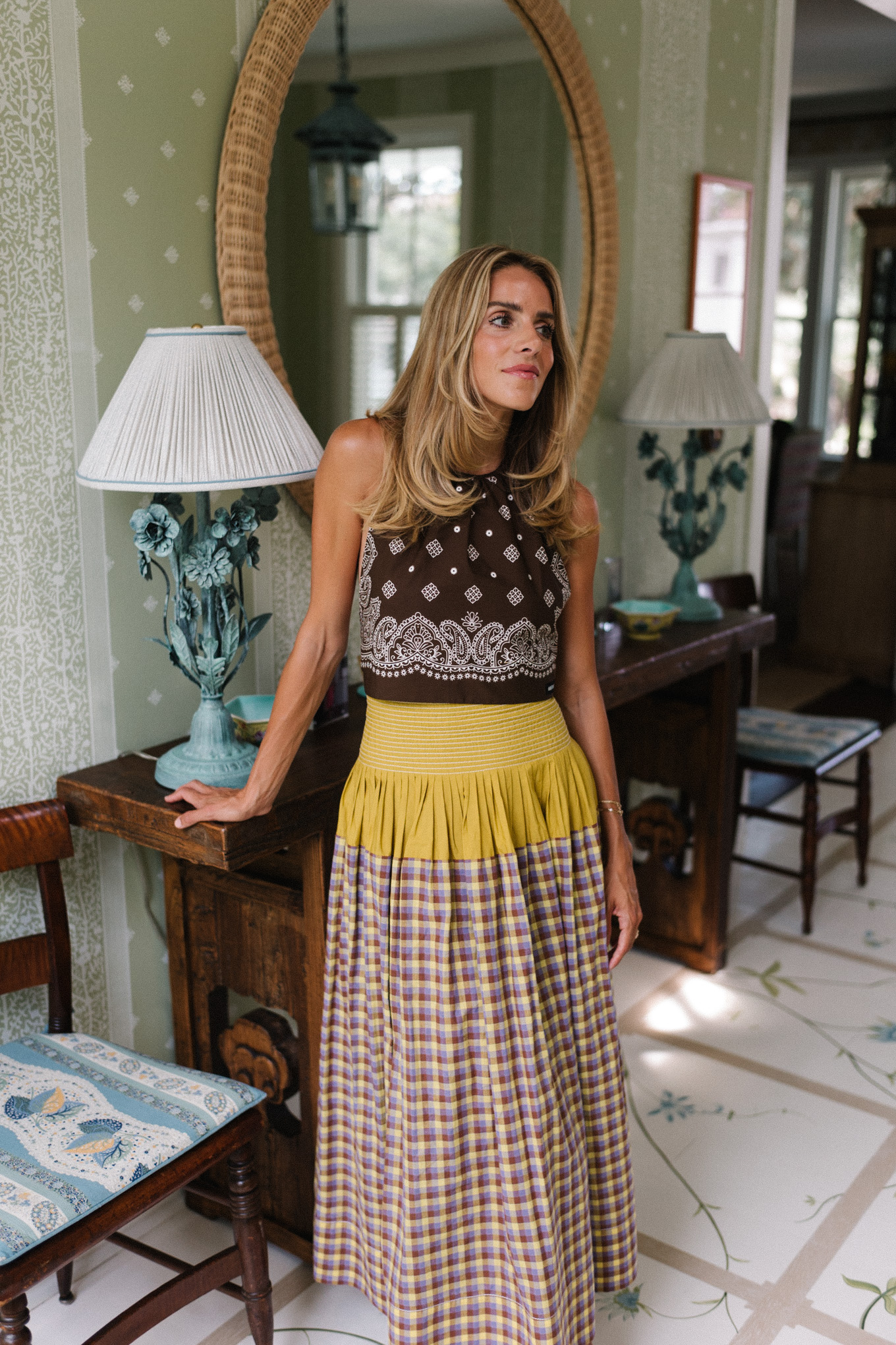 Brown bandana scarf top brown, white and yellow gingham maxi skirt